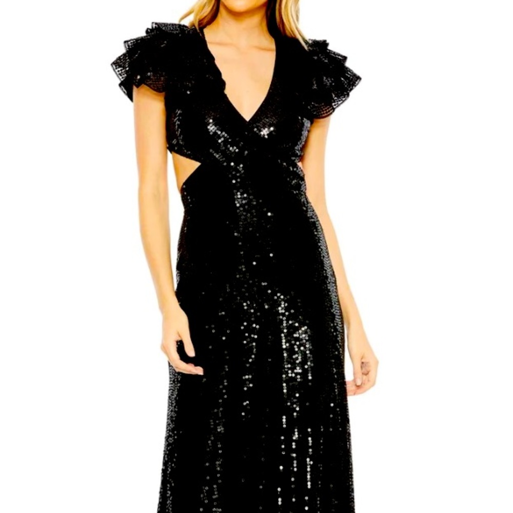 Mac Duggal sequin ruffle cut gown